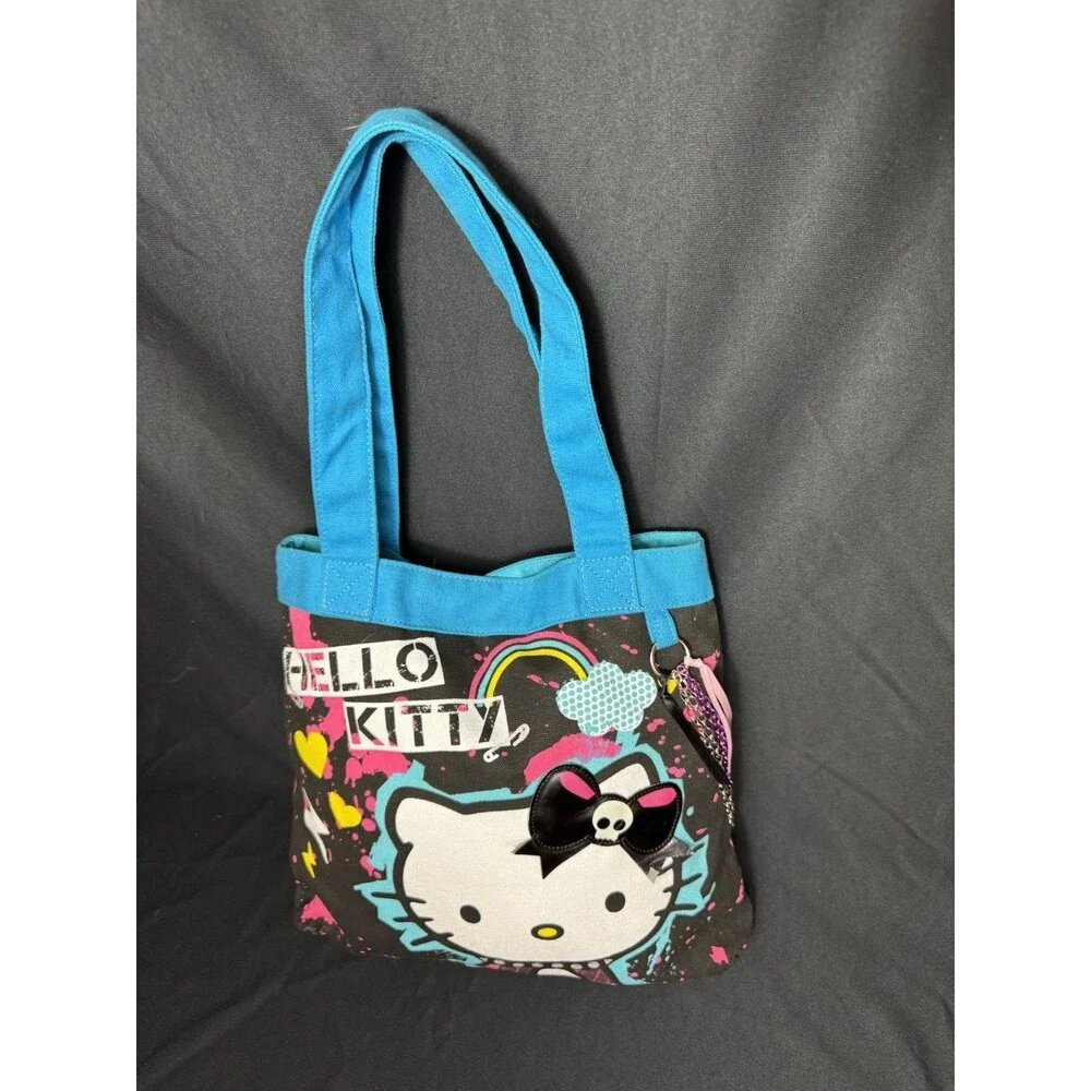 2013 Sanrio Hello Kitty Punk Rock Tote Bag Kawaii Goth Skull Bow Splatter Print
